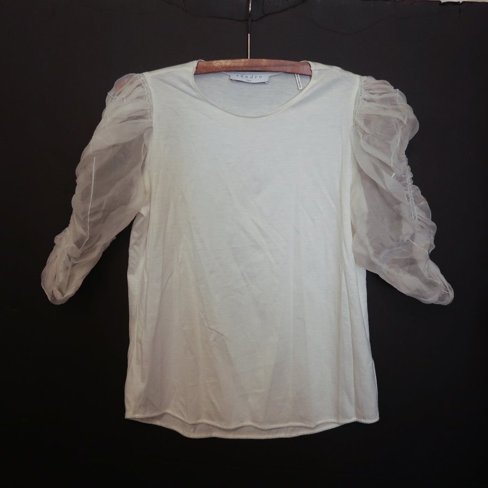 Sandro puff chiffon sleeve cream knit blouse top